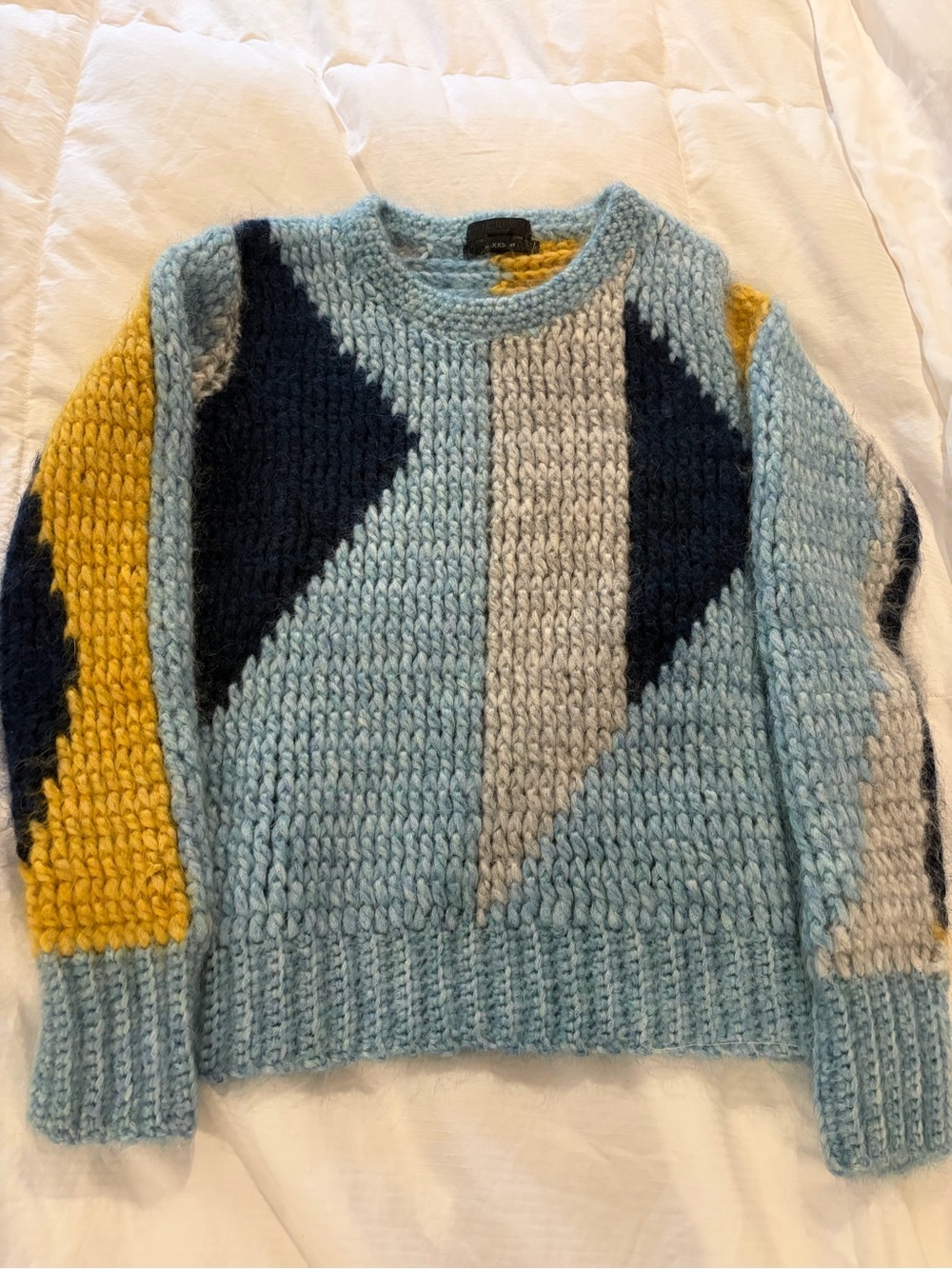 J. Crew Geometric Colorblock Crewneck Sweater - Light Blue/Gray/Navy/Yellow